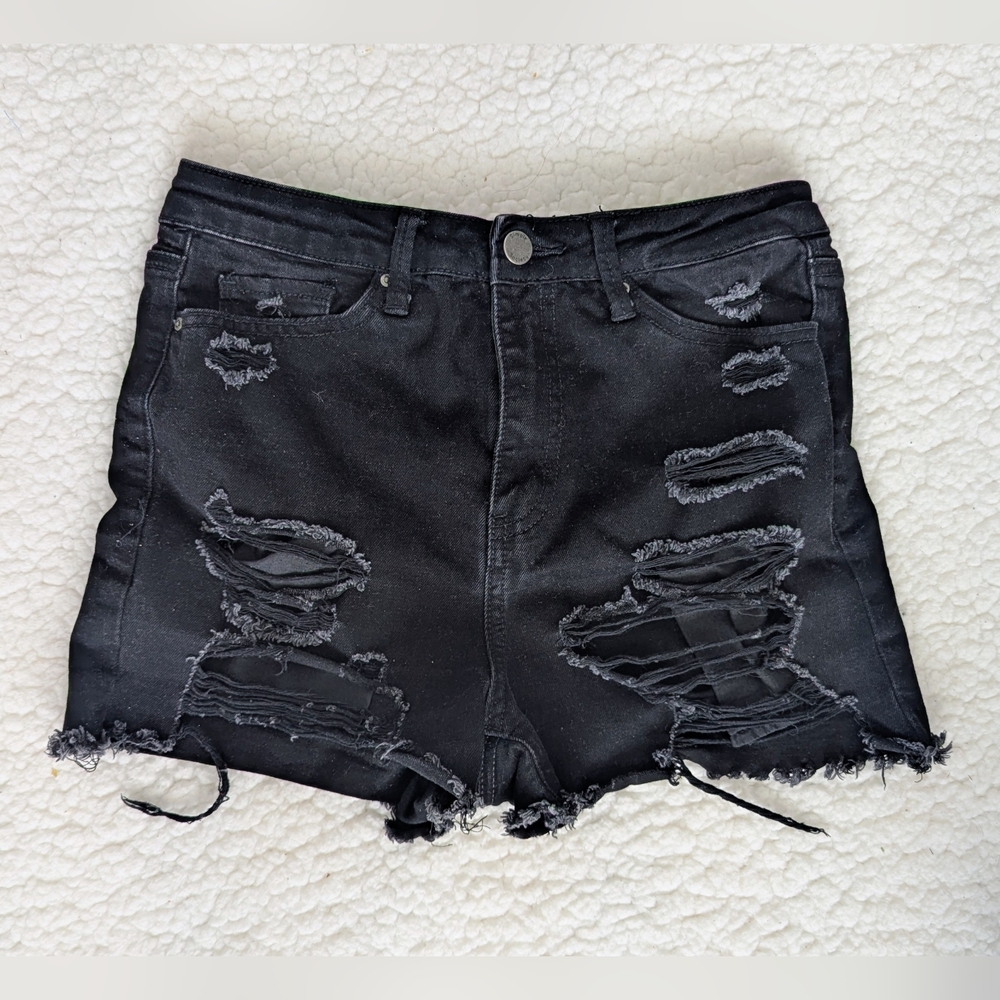 Trendy Black Distressed Denim Shorts